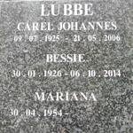LUBBE Carel Johannes 1925-2006 & Bessie 1926-2014 :: LUBBE Mariana 1954-