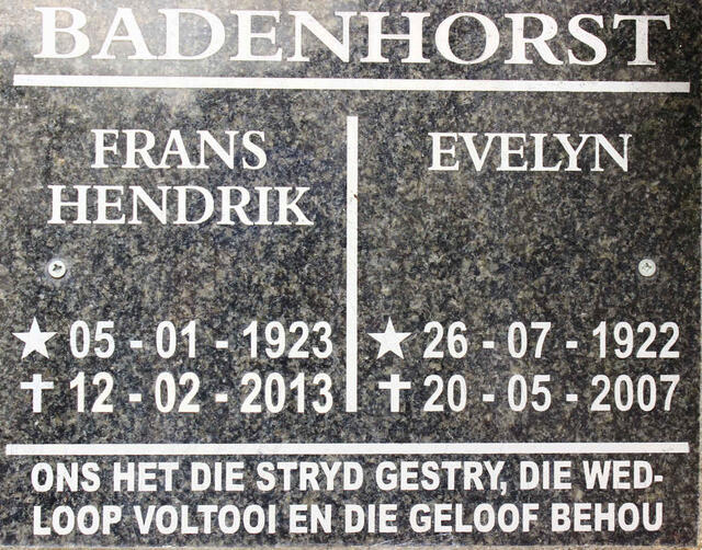 BADENHORST Frans Hendrik 1923-2013 & Evelyn 1922-2007