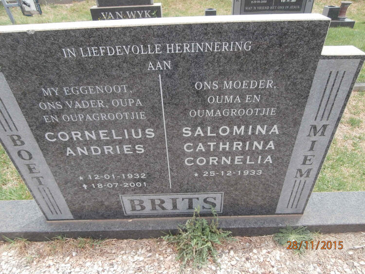 BRITS Cornelius Andries 1932-2001 & Salomina Cathrina Cornelia 1933-