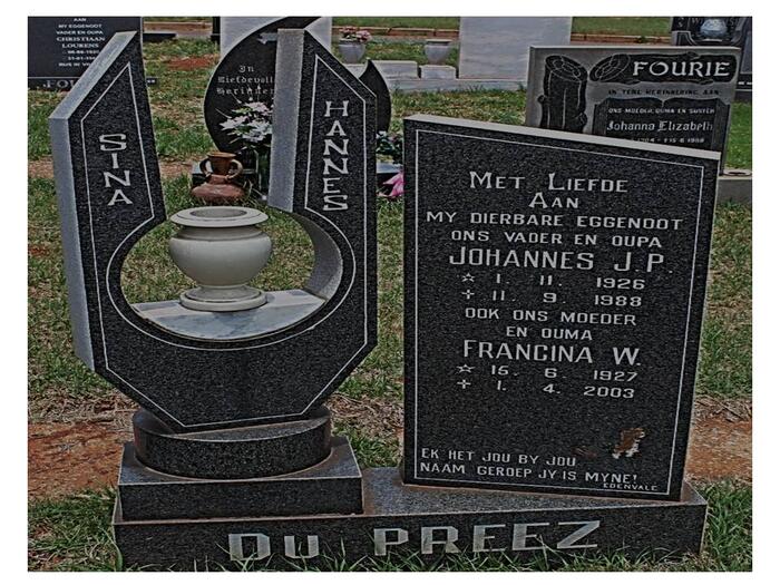 PREEZ Johannes J.P., du 1926-1988 & Francina W. 1927-2003