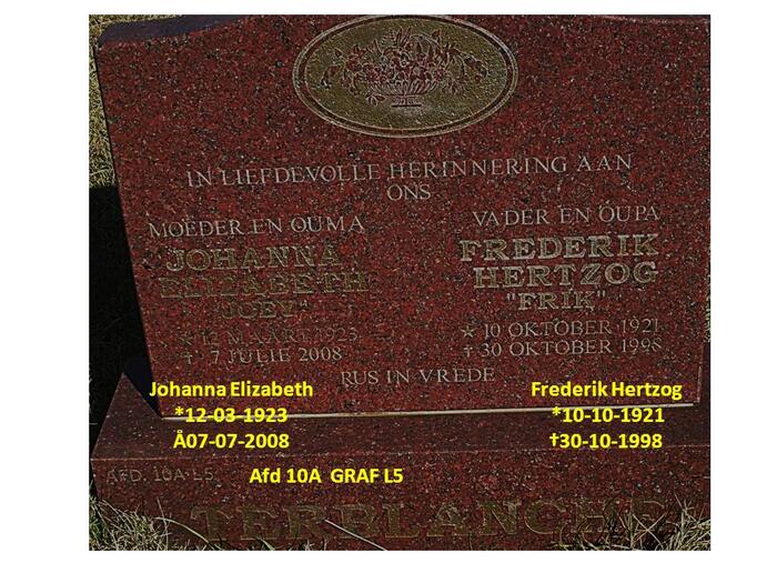 TERBLANCHE Frederik Hertzog 1921-1998 & Johanna Elizabeth 1923-2008