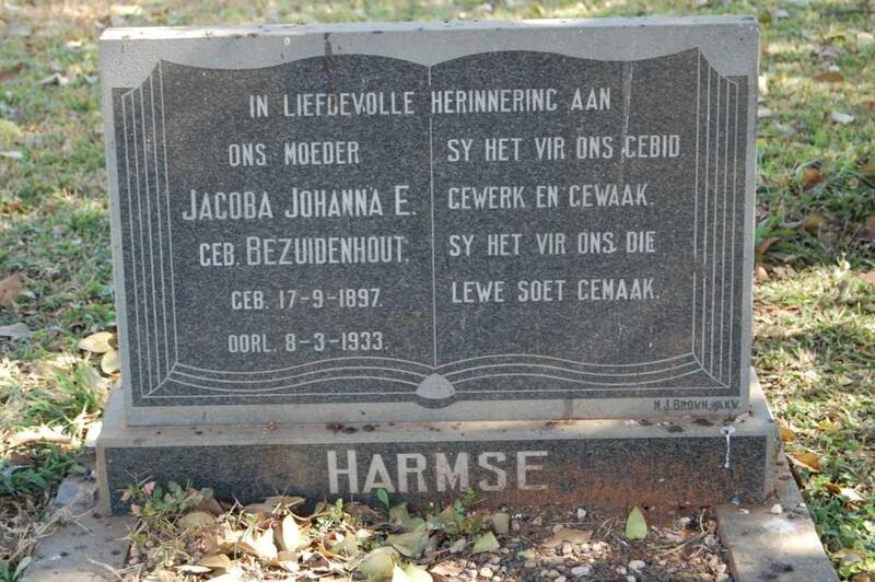 HARMSE Jacoba Johanna E. nee BEZUIDENHOUT 1897-1933