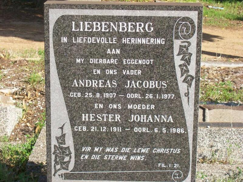 LIEBENBERG Andreas Jacobus 1907-1977 & Hester Johanna 1911-1986