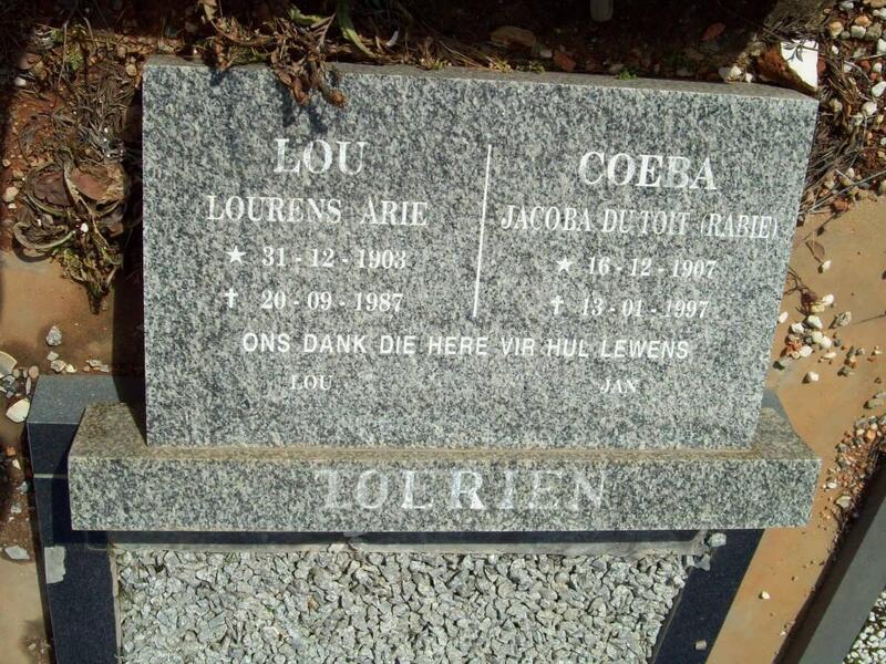 TOERIEN Lourens Arie 1903-1987 & Jacoba du Toit nee RABIE 1907-1997