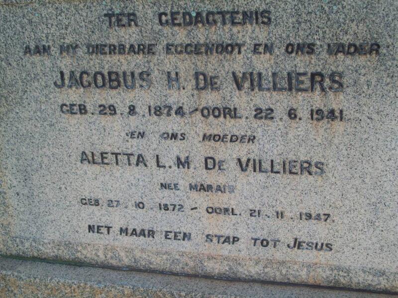 VILLIERS Jacobus H., de 1874-1941 & Aletta L.M. MARAIS 1872-1947