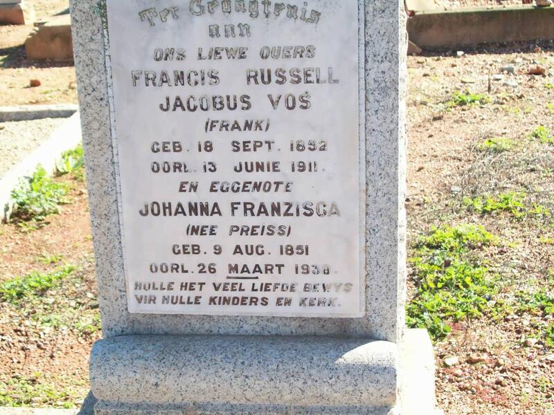 VOS Francis Russell Jacobus 1852-1911 & Johanna Franzisca PREISS 1851-193?