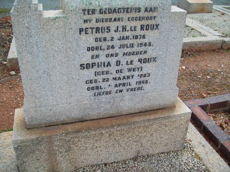 ROUX Petrus J.H., le 1876-1945 & Sophia D. DE WET 1883-1966