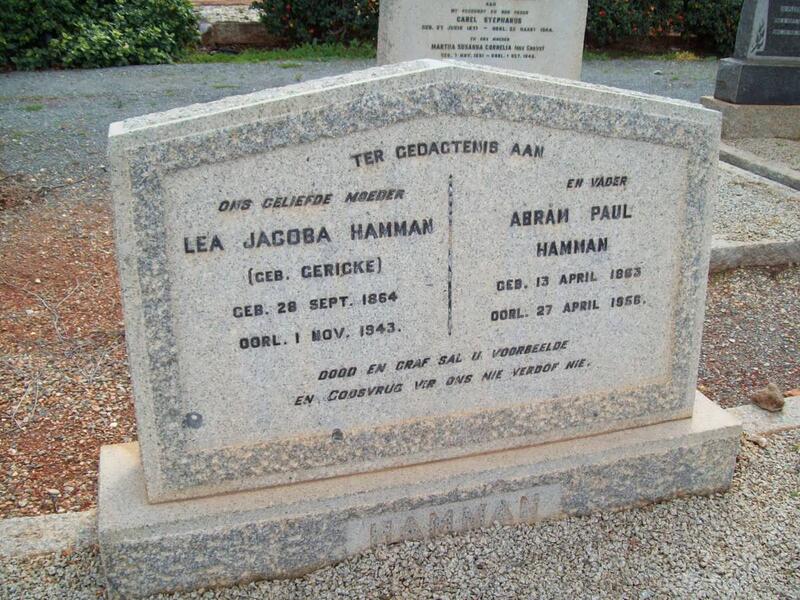 HAMMAN Abram Paul 1863-1956 & Lea Jacoba GERICKE 1864-1943