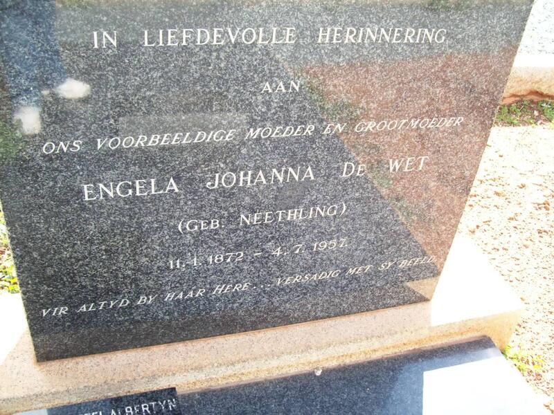 WET Engela Johanna, de nee NEETHLING 1872-1957