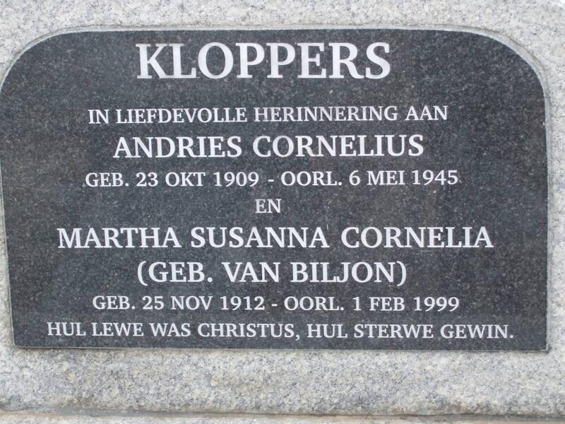 KLOPPERS Andries Cornelius 1909-1945 & Martha Susanna Cornelia VAN BILJON 1912-1999