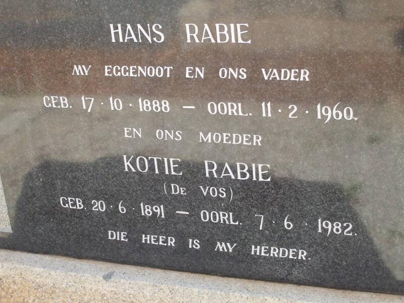 RABIE Hans 1888-1960 & Kotie DE VOS 1891-1982