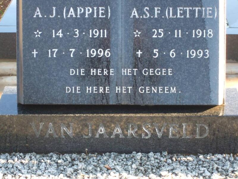 JAARSVELD A.J., van 1911-1996 & A.S.F. 1918-1993