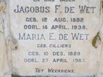 WET Jacobus F., de 1882-1938 & Maria E. CILLIERS 1889-1967