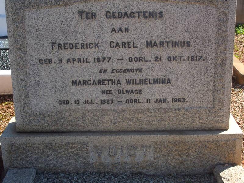 VOIGT Frederick Carel Martinus 1877-1917 & Margaretha Wilhelmina OLWAGE 1887-1963