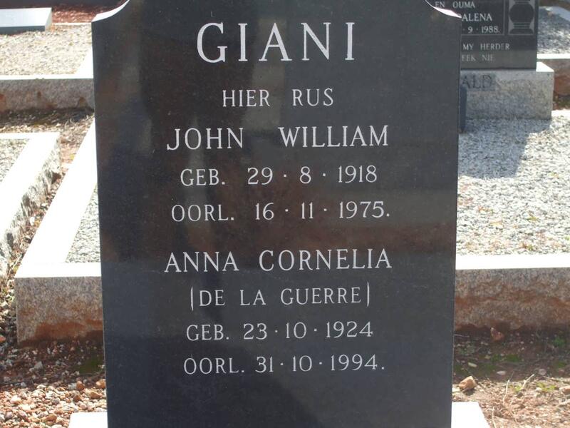 GIANI John William 1918-1975 & Anna Cornelia DE LA GUERRE 1924-1994