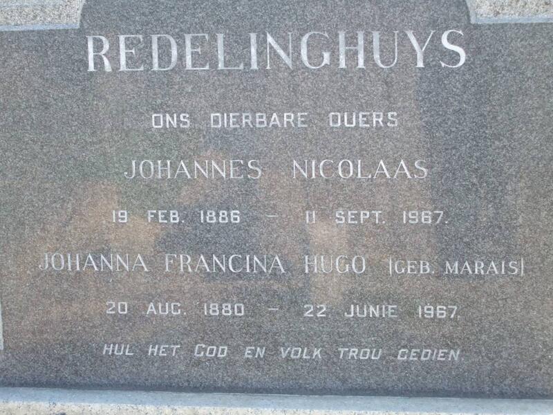 REDELINGHUYS Johannes Nicolaas 1886-1967 & Johanna Francina Hugo MARAIS 1880-1967