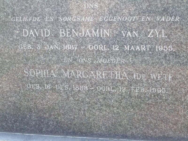 ZYL David Benjamin, van 1887-1955 & Sophia Margaretha DE WET 1888-1963