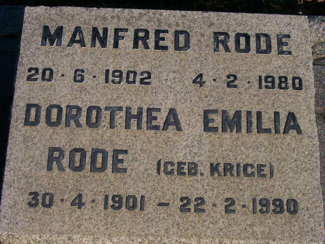 RODE Manfred 1902-1980 & Dorothea Emilia KRIGE 1901-1990