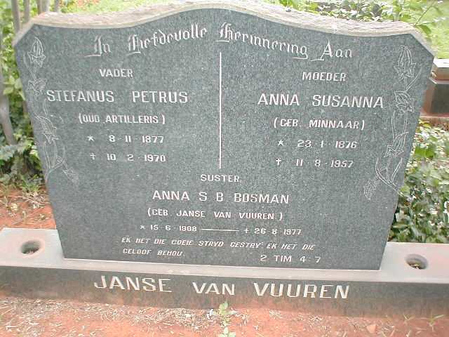 VUUREN Stephanus Petrus, Janse van 1877-1970 & Anna Susanna nee MINNAAR 1876-1957