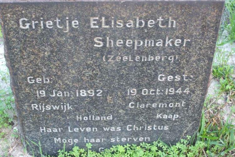 SHEEPMAKER Grietje Elisabeth nee ZEELENBERG 1892-1944