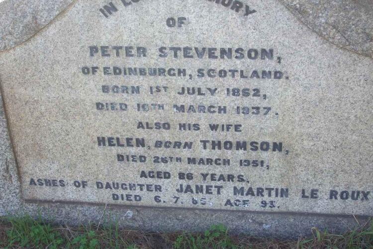 STEVENSON Peter 1862-1937 & Helen THOMSON -1951 :: LE ROUX Janet Martin -1985
