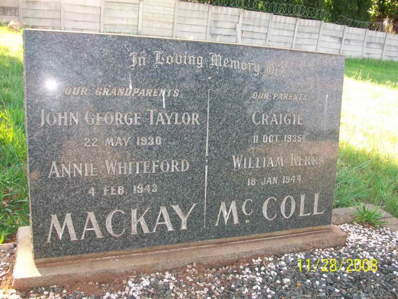 MACKAY John George Taylor  -1930 & Annie WHITEFORD  -1943 :: McCOLL William Kerr  -1944 & Craigie  -1935