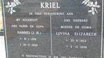 KRIEL J.H. 1918-1988 & Lovina Elizabeth 1922-1998