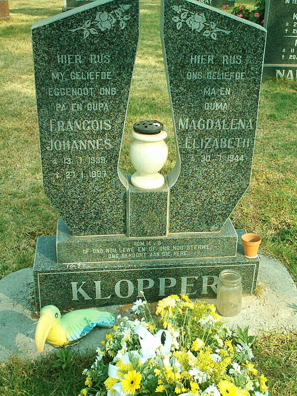 KLOPPER Francois Johannes 1939-1997 & Magdalena Elizabeth 1944-