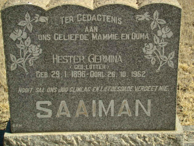 SAAIMAN Hester Germina nee LOTTER 1896-1962