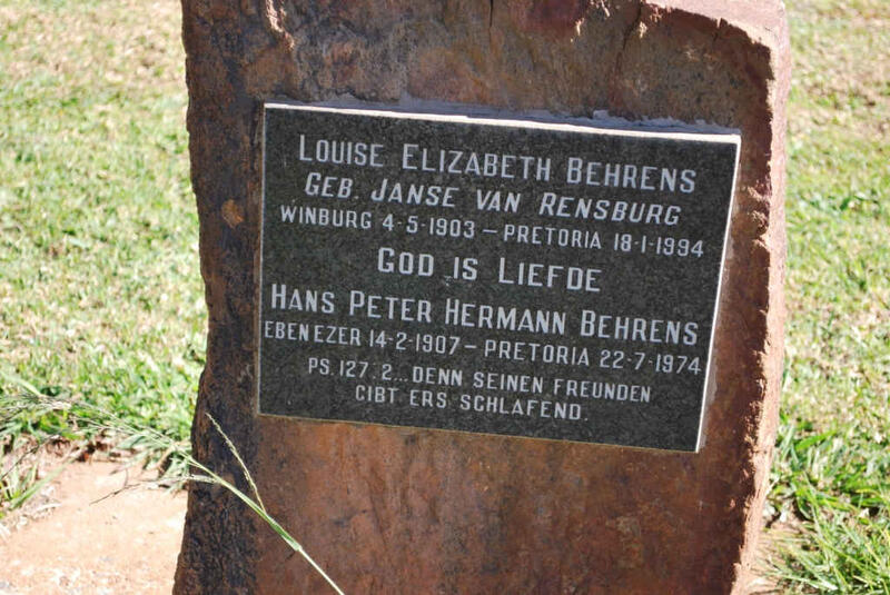 BEHRENS Hans Peter Hermann 1907-1974 & Louise Elizabeth JANSE VAN RENSBURG 1903-1994