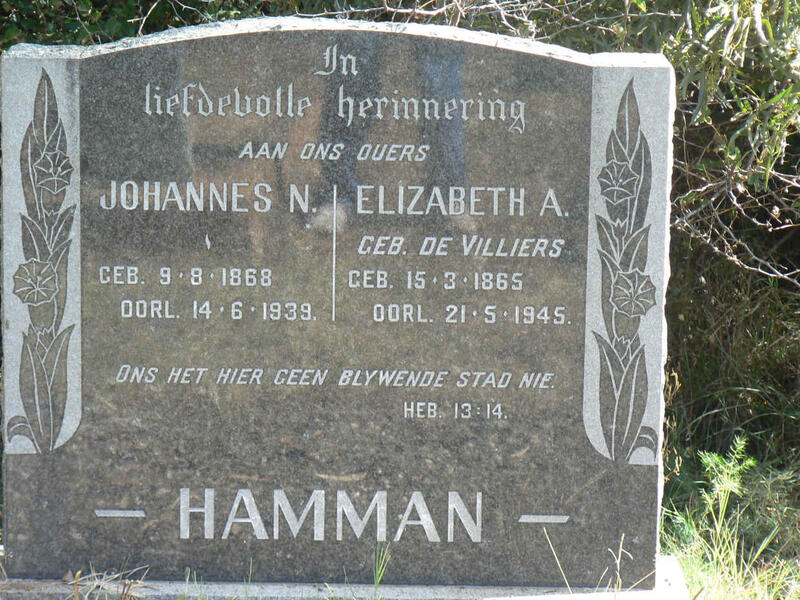 HAMMAN Johannes N. 1868-1939 & Elizabeth A. DE VILLIERS 1865-1945