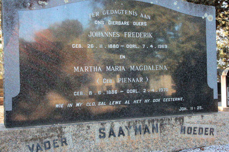 SAAYMAN Johannes Frederik 1880-1969 & Martha Maria Magdalena PIENAAR 1886-1970