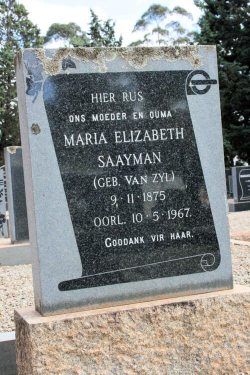 SAAYMAN Maria Elizabeth neé VAN ZYL 1875-1967