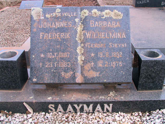 SAAYMAN Johannes Frederik 1887-1983 & Barbara Wilhelmina STEYN 1892-1975