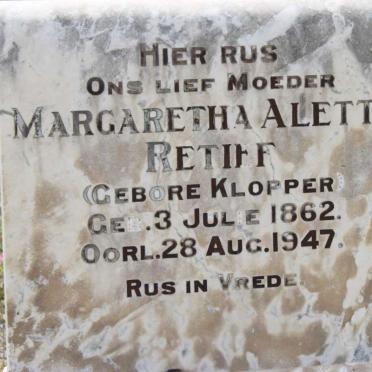 RETIEF Margaretha Aletta nee KLOPPER 1862-1947