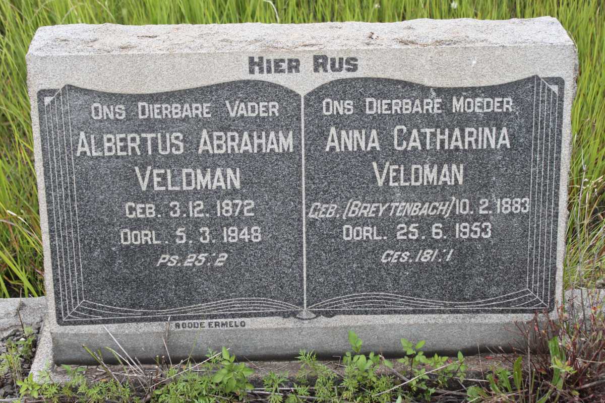 VELDMAN Albertus Abraham 1872-1948 &amp; Anna Catharina BREYTENBACH 1883-1953