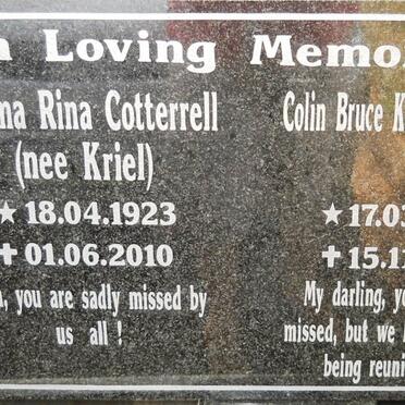 COTTERELL Colin Bruce Kingsley 1948-2014 :: COTTERRELL Thelma Rina nee KRIEL 1923-2010