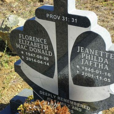 JAFTHA Jeanette Philda 1945-2001 :: MACDONALD Florence Elizabeth 1947-2014