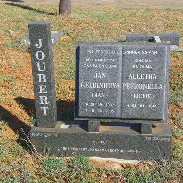JOUBERT Jan Geldinhuys 1937-2005 &amp; Alletha Petronella 1944-