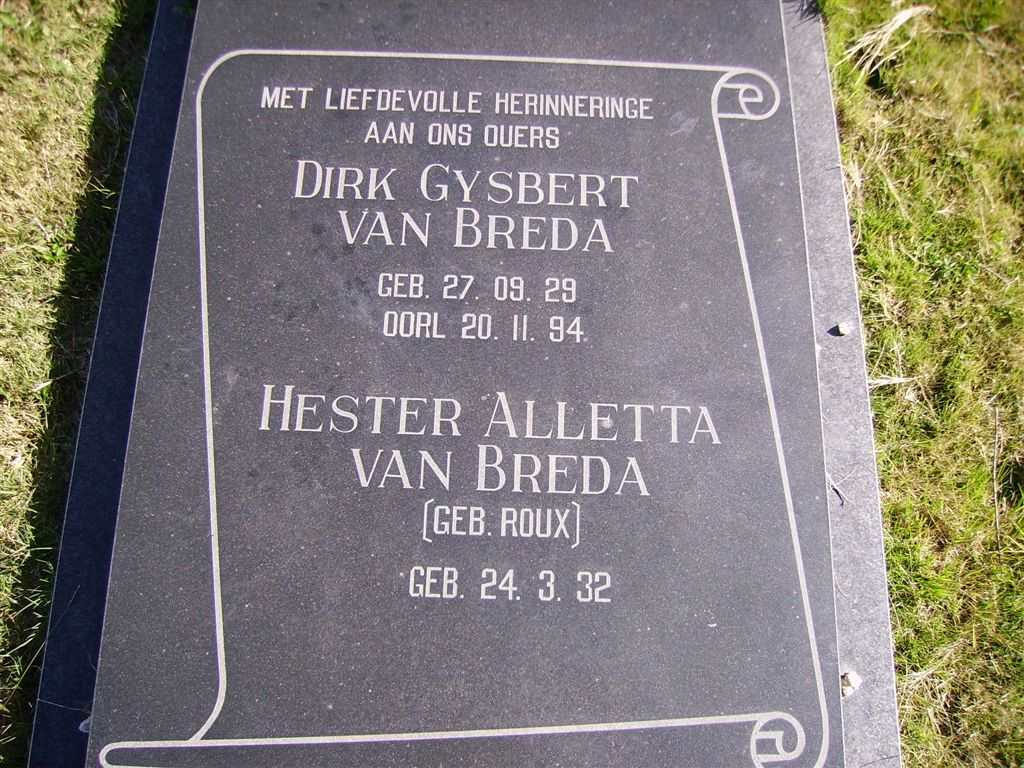 BREDA Dirk Gysbert, van 1929-1994 & Hester Alletta ROUX 1932-