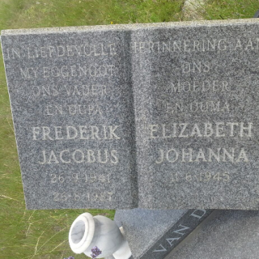 MERWE Frederik Jacobus, van der 1941-198? &amp; Elizabeth Johanna 1945-
