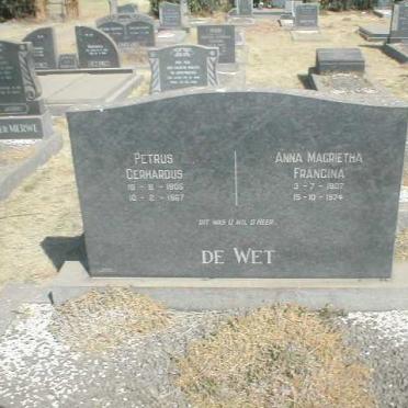 WET Petrus Gerhardus, De 1905-1967 &amp; Anna Magrietha Francina 1907-1974