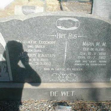WET Jacobus Ignatius, de 1889-1957 &amp; Maria M.M. DE KLERK 1898-1983