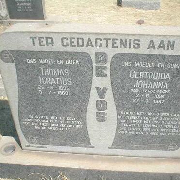 VOS Thomas Ignatius, de 1895-1968 &amp; Gertruida Johanna TERBLANCHE 1894-1967