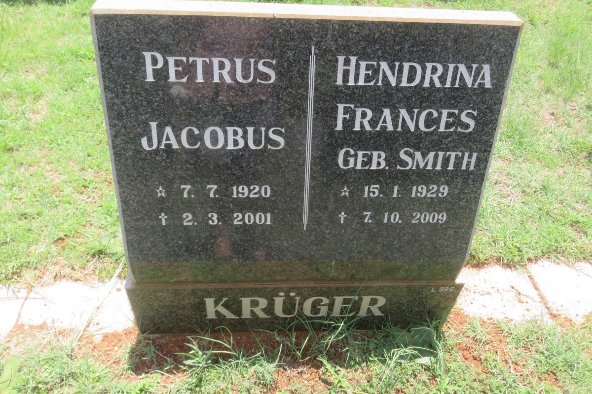 KRÜGER Petrus Jacobus 1920-2001 &amp; Hendrina Frances SMITH 1929-2009