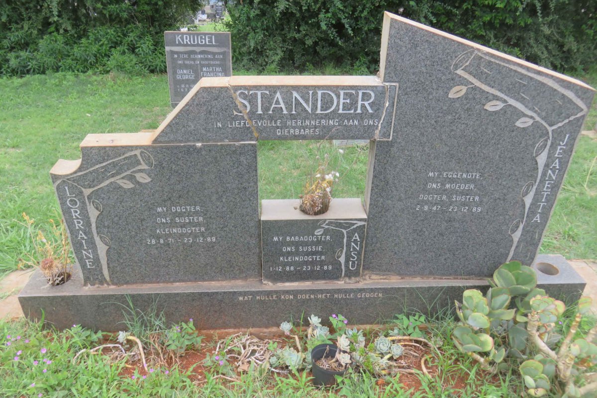 STANDER Jeanetta 1947-1989 :: STANDER Lorraine 1971-1989 :: STANDER Ansu 1988-1989