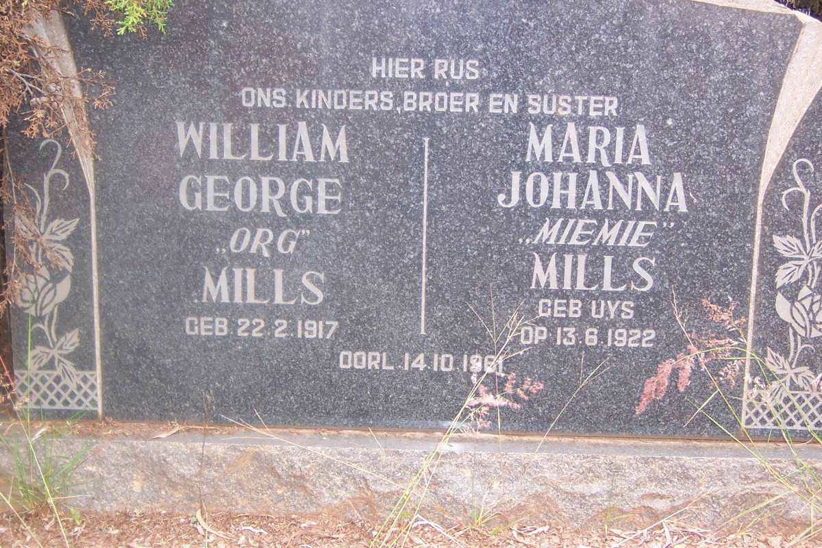 MILLS William George 1917-1961 &amp; Maria Johanna UYS 1922-1961