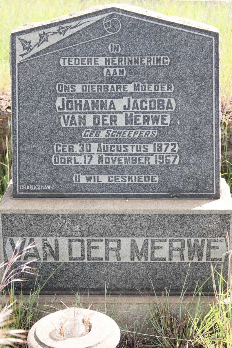 MERWE Johanna Jacoba, van der nee SCHEEPERS 1872-1967