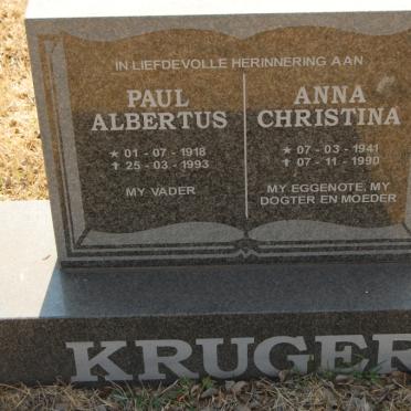 KRUGER Paul Albertus 1918-1993 &amp; Anna Christina 1941-1990