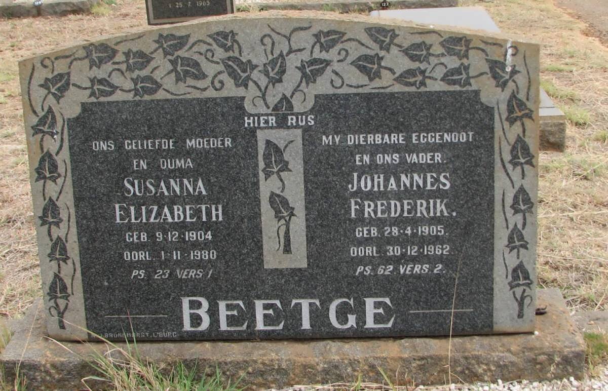 BEETGE Johannes Frederik 1905-1962 &amp; Susanna Elizabeth 1904-1980